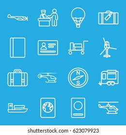 Journey icons set. set of 16 journey outline icons such as luggage, pass control, passport, helicopter, trailer, air balloon, ship