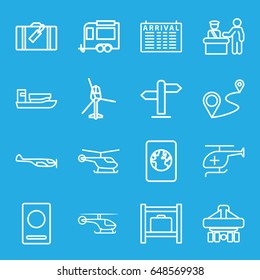 Journey icons set. set of 16 journey outline icons such as luggage, pass control, passport, helicopter, arrival table, luggage storage, trailer, distance