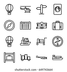 Journey icons set. set of 16 journey outline icons such as luggage, helicopter, arrival table, luggage storage, trailer, direction, air balloon, passport, ship