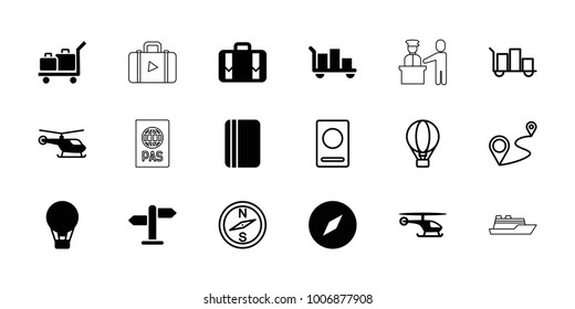 Journey icons. set of 18 editable filled and outline journey icons: helicopter, luggage, compass, air balloon, direction, passport, distance, pass control