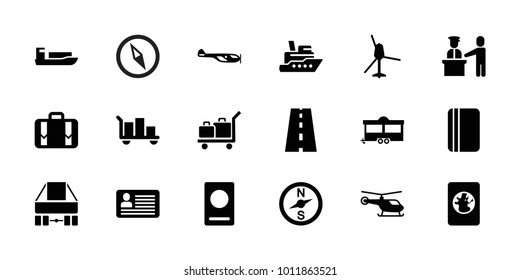 Journey icons. set of 18 editable filled journey icons: passport, helicopter, ship, luggage, compass, trailer, road, pass control