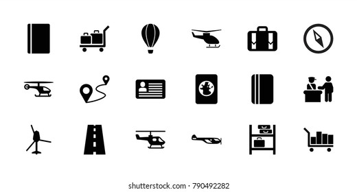 Journey icons. set of 18 editable filled journey icons: pass control, passport, helicopter, distance, road, luggage, luggage storage, compass