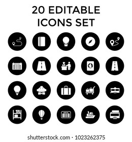 Journey icons. set of 20 editable filled journey icons such as pass control, arrival table, compass, ship, air balloon, trailer. best quality journey elements in trendy style.