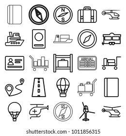 Journey icons. set of 25 editable outline journey icons such as luggage, passport, helicopter, luggage storage, compass, ship, air balloon, trailer, distance, road