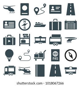 Journey icons. set of 25 editable filled journey icons such as passport, helicopter, arrival table, compass, trailer, distance, road, air balloon, luggage, luggage storage