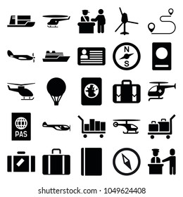 Journey icons. set of 25 editable filled journey icons such as luggage, pass control, passport, helicopter, compass, medical helicopter, air balloon, ship