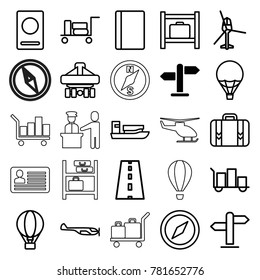 Journey icons. set of 25 editable outline journey icons such as direction, luggage, passport, helicopter, luggage storage, ship, compass, cargo plane back view, road