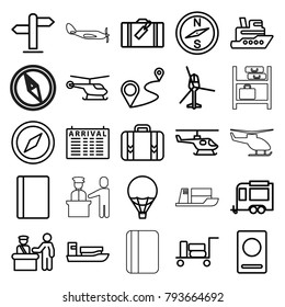 Journey icons. set of 25 editable outline journey icons such as luggage, pass control, passport, helicopter, arrival table, ship, compass, trailer, distance, direction