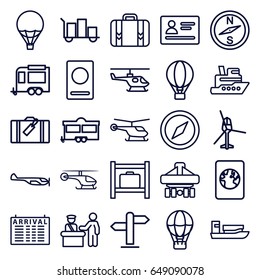 Journey icons set. set of 25 journey outline icons such as luggage, pass control, passport, helicopter, arrival table, luggage storage, trailer, cargo plane back view