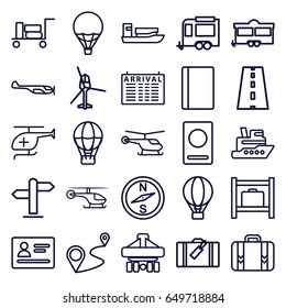 Journey icons set. set of 25 journey outline icons such as luggage, passport, helicopter, arrival table, luggage storage, trailer, distance, cargo plane back view, road