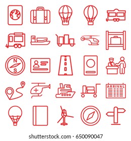 Journey icons set. set of 25 journey outline icons such as luggage, pass control, passport, arrival table, luggage storage, trailer, distance, road, medical helicopter