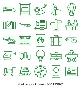 Journey icons set. set of 25 journey outline icons such as luggage, pass control, passport, helicopter, arrival table, luggage storage, trailer, distance