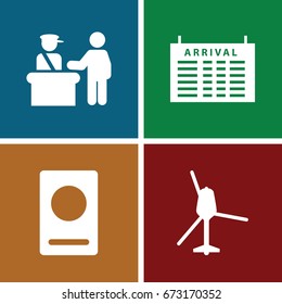 Journey icons set. set of 4 journey filled icons such as pass control, passport, arrival table