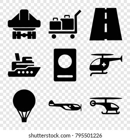 Journey icons. set of 9 editable filled journey icons such as passport, helicopter, ship, cargo plane back view, medical helicopter, air balloon, luggage