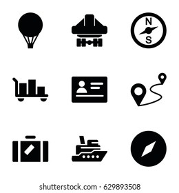 Journey icons set. set of 9 journey filled icons such as luggage, passport, distance, cargo plane back view, air balloon, ship