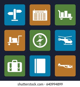 Journey icons set. set of 9 journey filled icons such as luggage, passport, helicopter, arrival table, direction