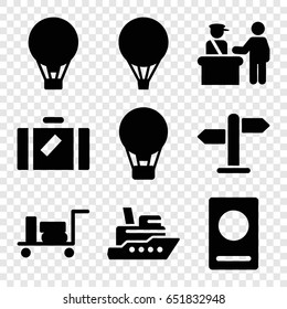 Journey icons set. set of 9 journey filled icons such as luggage, pass control, passport, direction, air balloon