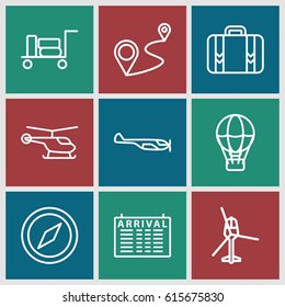 Journey icons set. set of 9 journey outline icons such as luggage, helicopter, arrival table, distance, compass