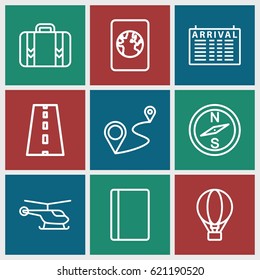 Journey icons set. set of 9 journey outline icons such as passport, helicopter, arrival table, distance, road, luggage, air balloon