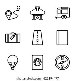 Journey icons set. set of 9 journey outline icons such as luggage, passport, trailer, distance, cargo plane back view, road, air balloon