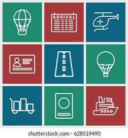 Journey icons set. set of 9 journey outline icons such as passport, arrival table, road, medical helicopter, air balloon, luggage