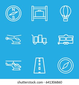 Journey icons set. set of 9 journey outline icons such as helicopter, luggage storage, trailer, road, air balloon, luggage