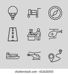 Journey icons set. set of 9 journey outline icons such as luggage, pass control, helicopter, distance, road, medical helicopter, air balloon, ship