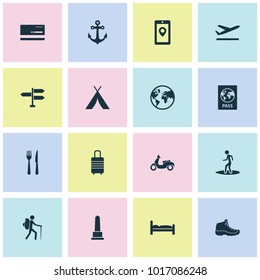 Journey icons set with anchor, moped, passport and other aircraft elements. Isolated vector illustration journey icons.