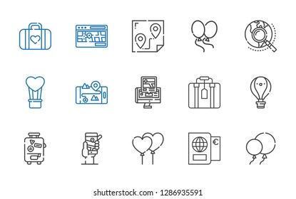 journey icons set. Collection of journey with balloons, passport, gps, suitcase, hot air balloon, explore, route, street map, luggage. Editable and scalable journey icons.