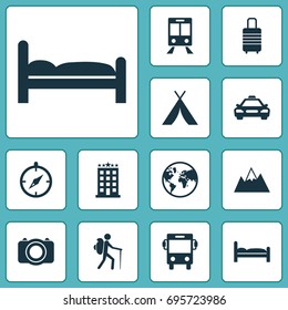 Journey Icons Set. Collection Of Camera, Building, Railway Carriage And Other Elements. Also Includes Symbols Such As Railway, Planet, Carriage.