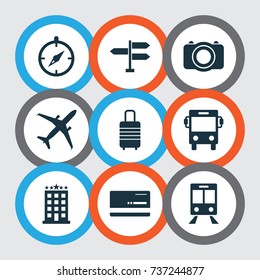 Journey Icons Set. Collection Of Camera, Mastercard, Railway Carriage And Other Elements. Also Includes Symbols Such As Bag, Car, Airplane.