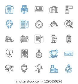 journey icons set. Collection of journey with compass, suitcase, hot air balloon, egyptian, zeppelin, boarding pass, airship, passport, balloons. Editable and scalable journey icons.