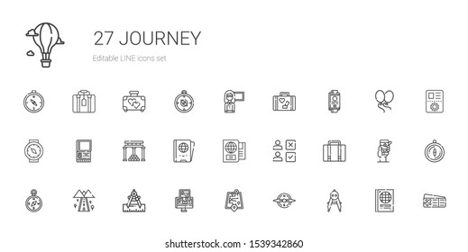 journey icons set. Collection of journey with compass, street map, gps, road, luggage, choice, passport, temple of apollo, guide, plane ticket. Editable and scalable journey icons.