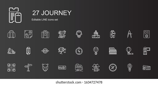 journey icons set. Collection of journey with compass, road, caravan, boarding pass, camel, directions, crossroads, colosseum, hot air balloon. Editable and scalable journey icons.