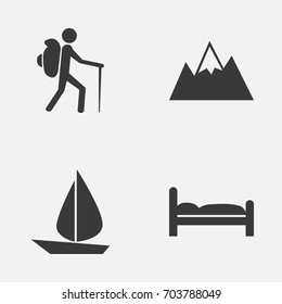 Journey Icons Set. Collection Of Doss, Boat, Traveler And Other Elements. Also Includes Symbols Such As Bed, Mount, Hill.