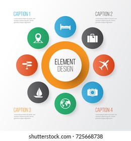 Journey Icons Set. Collection Of Doss, Location, Planet And Other Elements. Also Includes Symbols Such As Earth, Gallery, Airplane.