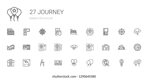 journey icons set. Collection of journey with explore, balloons, pass, compass, route, suitcase, luggage, passport, street map, maps, balloon. Editable and scalable journey icons.