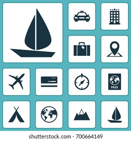 Journey Icons Set. Collection Of Guide, Boat, Land Elements. Also Includes Symbols Such As Ship, Taxi, Mount.