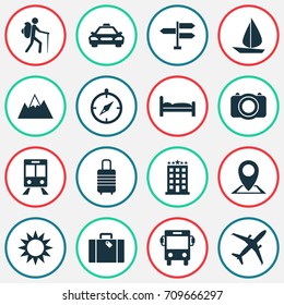 Journey Icons Set. Collection Of Guide, Sunny, Boat And Other Elements. Also Includes Symbols Such As Location, Hotel, Hill.