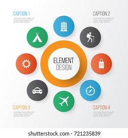 Journey Icons Set. Collection Of Guide, Building, Booth And Other Elements. Also Includes Symbols Such As Bag, Airplane, Baggage.