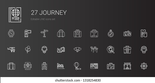 journey icons set. Collection of journey with luggage, street map, hot air balloon, suitcase, passport, explore, balloons, maps, egyptian. Editable and scalable journey icons.