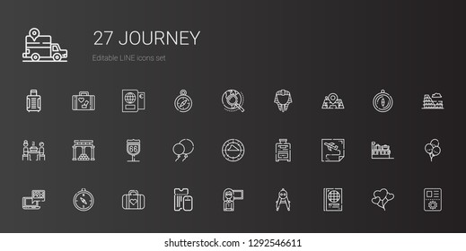 journey icons set. Collection of journey with passport, compass, guide, boarding pass, luggage, gps, route, suitcase, balloons, temple of apollo. Editable and scalable journey icons.