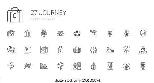 journey icons set. Collection of journey with passport, compass, choice, hot air balloon, suitcase, road, balloons, gps, luggage, explore. Editable and scalable journey icons.