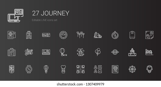 journey icons set. Collection of journey with passport, choice, crossroads, hot air balloon, compass, gps, balloons, road, pass, luggage. Editable and scalable journey icons.