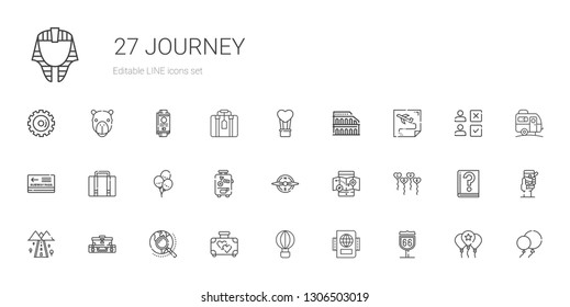 journey icons set. Collection of journey with route, passport, hot air balloon, suitcase, explore, road, balloons, mobile map, compass, luggage. Editable and scalable journey icons.