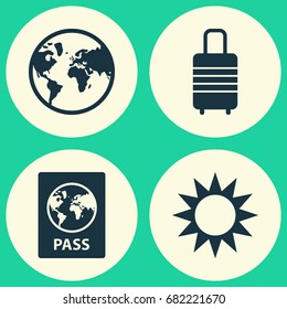 Journey Icons Set. Collection Of Suitcase, Sunny, Certificate And Other Elements. Also Includes Symbols Such As Certificate, Overseas, Bag.