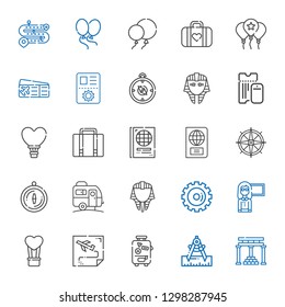 journey icons set. Collection of journey with temple of apollo, compass, suitcase, route, hot air balloon, guide, options, egyptian, caravan. Editable and scalable journey icons.