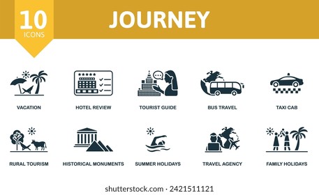 Journey icons set. Creative icons: vacation, hotel review, tourist guide, bus travel, taxi cab, rural tourism, historical monuments, summer holidays, travel agency, family holidays.