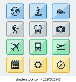 Journey icons set with departure, earth, bus and other planet elements. Isolated vector illustration journey icons.