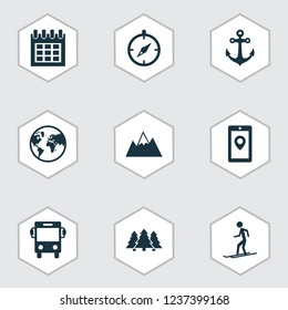 Journey icons set with earth, anchor, map app and other guide elements. Isolated vector illustration journey icons.